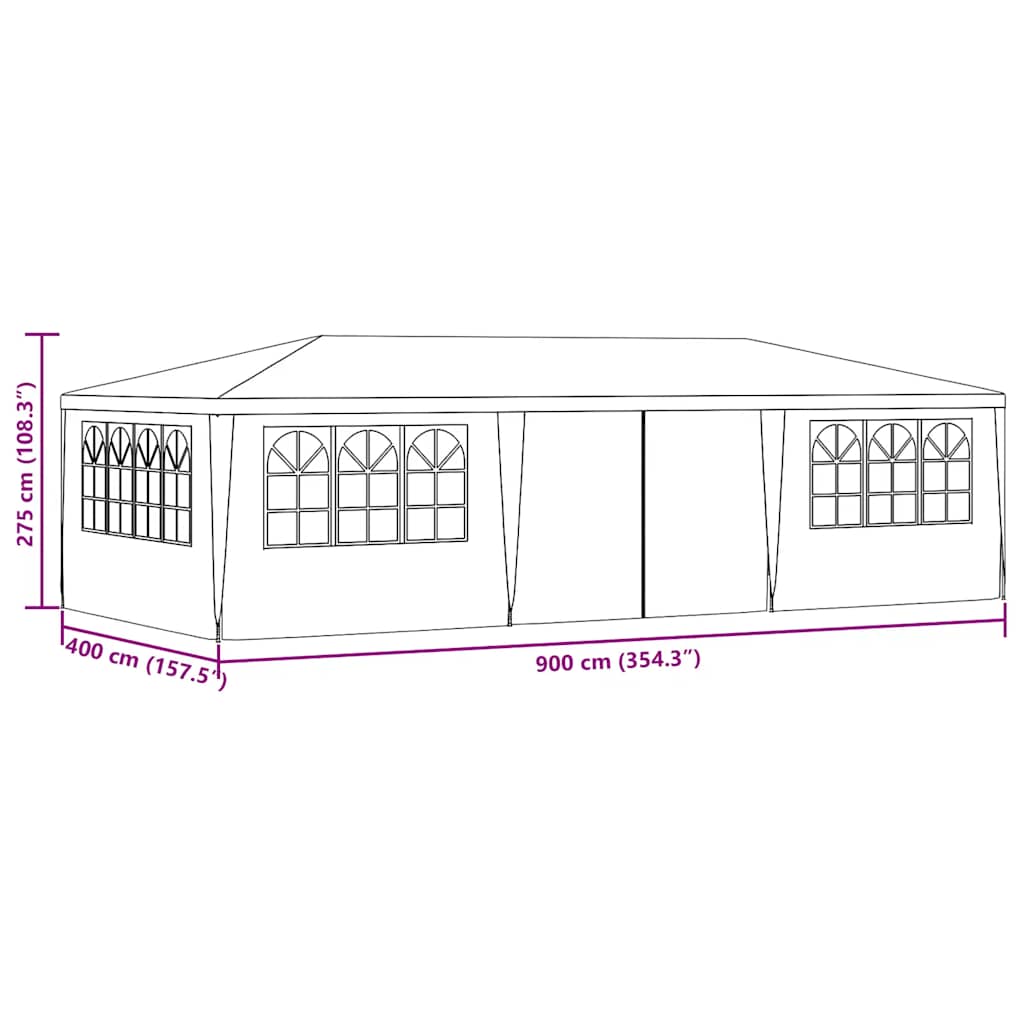 Tenda festas profissional + paredes laterais 4x9m 90g/m² branco