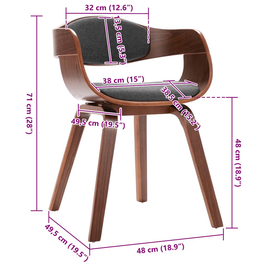 Cadeiras de jantar 2 pcs madeira curvada e tecido cinzento