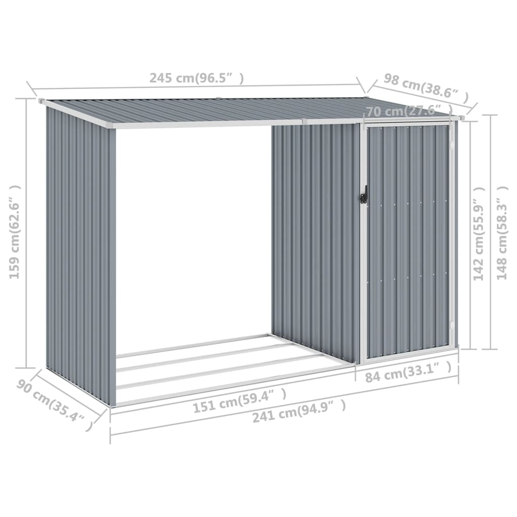 Abrigo de lenha jardim 245x98x159 cm aço galvanizado cinzento