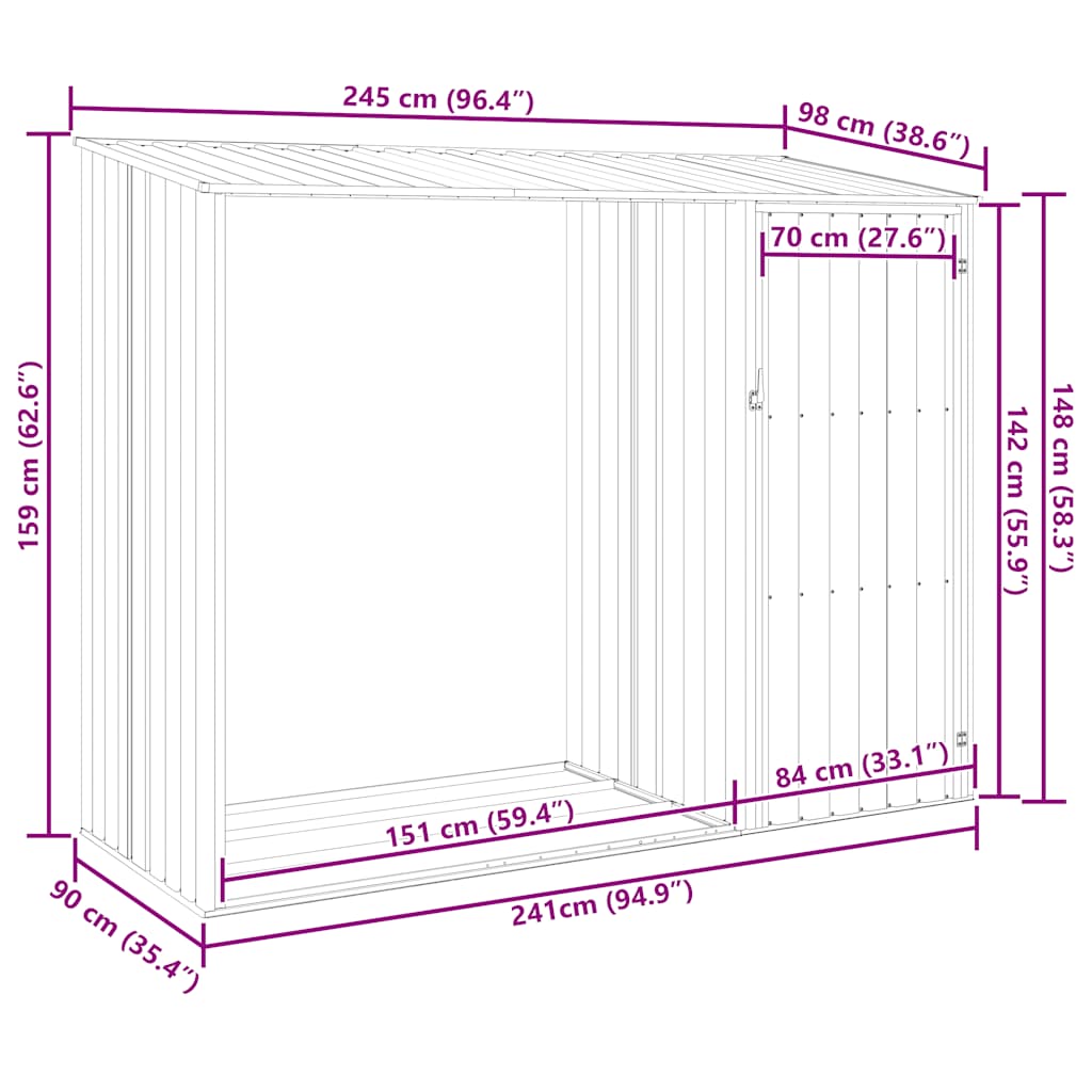 Abrigo de lenha jardim 245x98x159 cm aço galvanizado cinzento