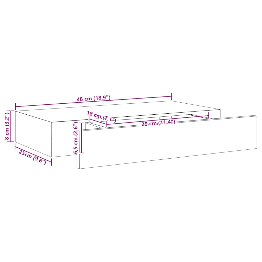 Prateleira de parede suspensa com gaveta 48x25x8 cm preto