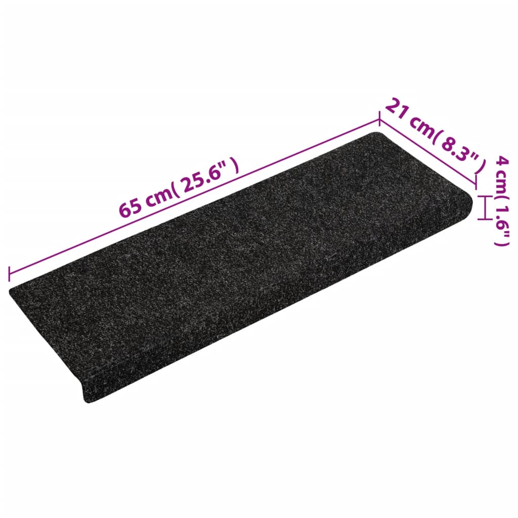 Tapetes de escada autoadesivos 15 peças 65x21x4 cm pretos com borda retangular