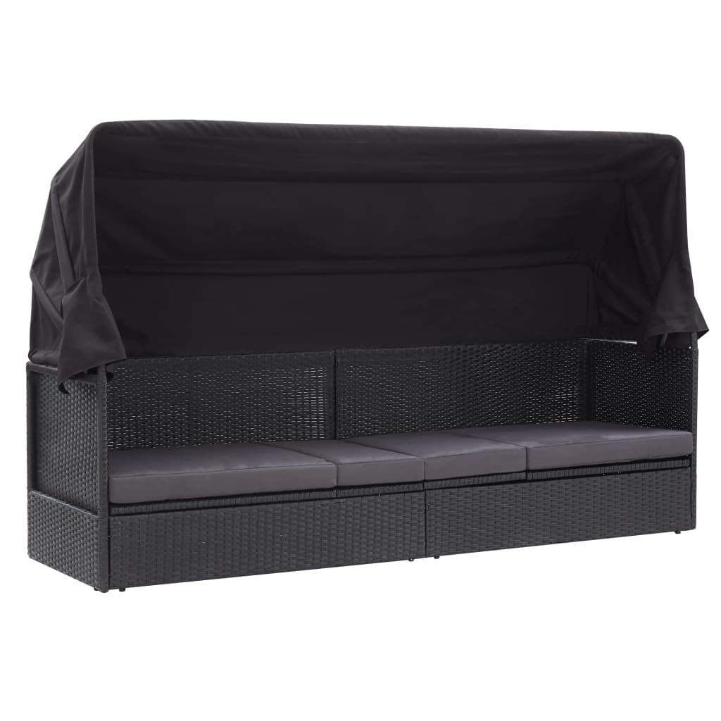 Sofá-cama de exterior com toldo vime PE preto