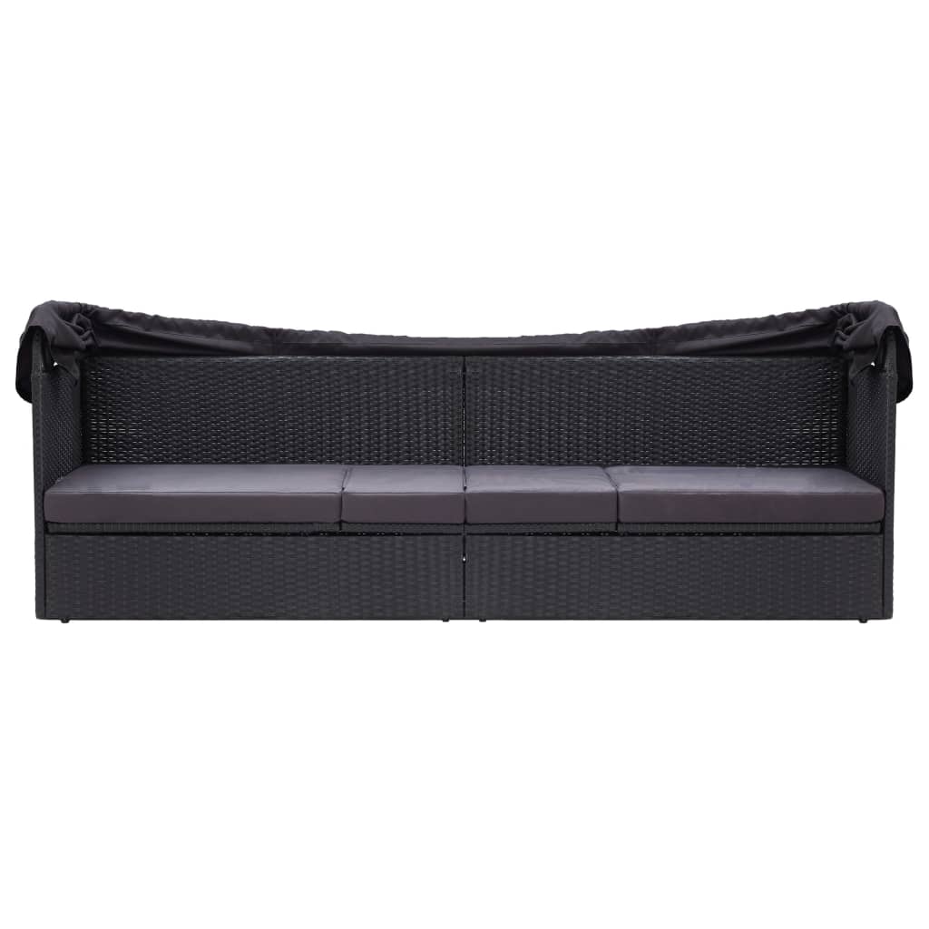 Sofá-cama de exterior com toldo vime PE preto