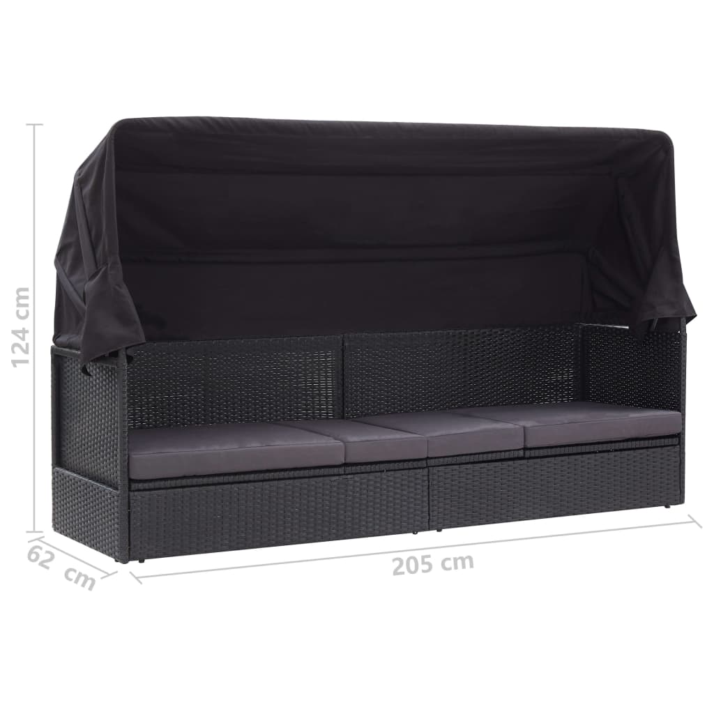 Sofá-cama de exterior com toldo vime PE preto