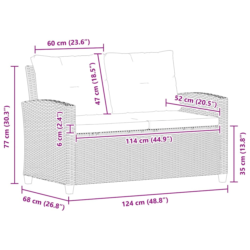 Sofá de jardim 2 lugares com almofadões 124 cm vime PE cinzento