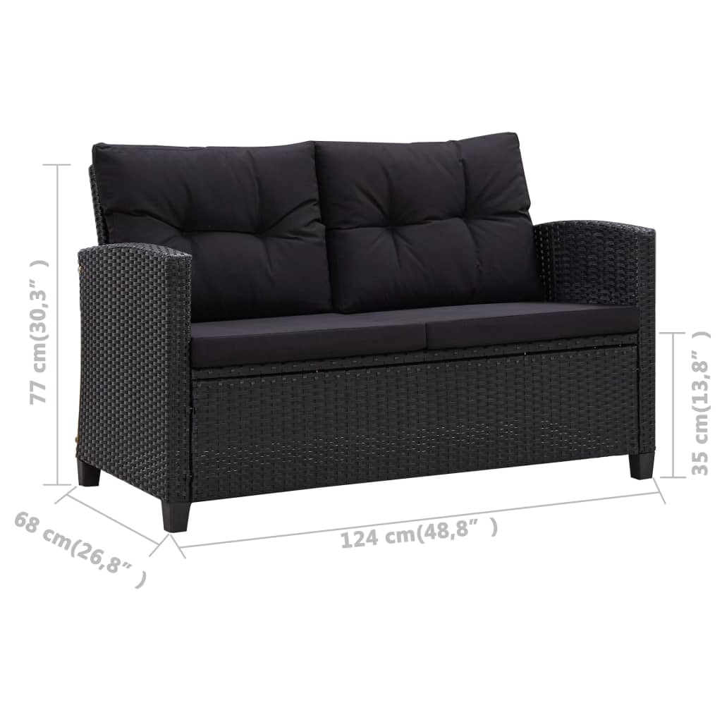 Sofá de jardim 2 lugares com almofadões 124 cm vime PE preto