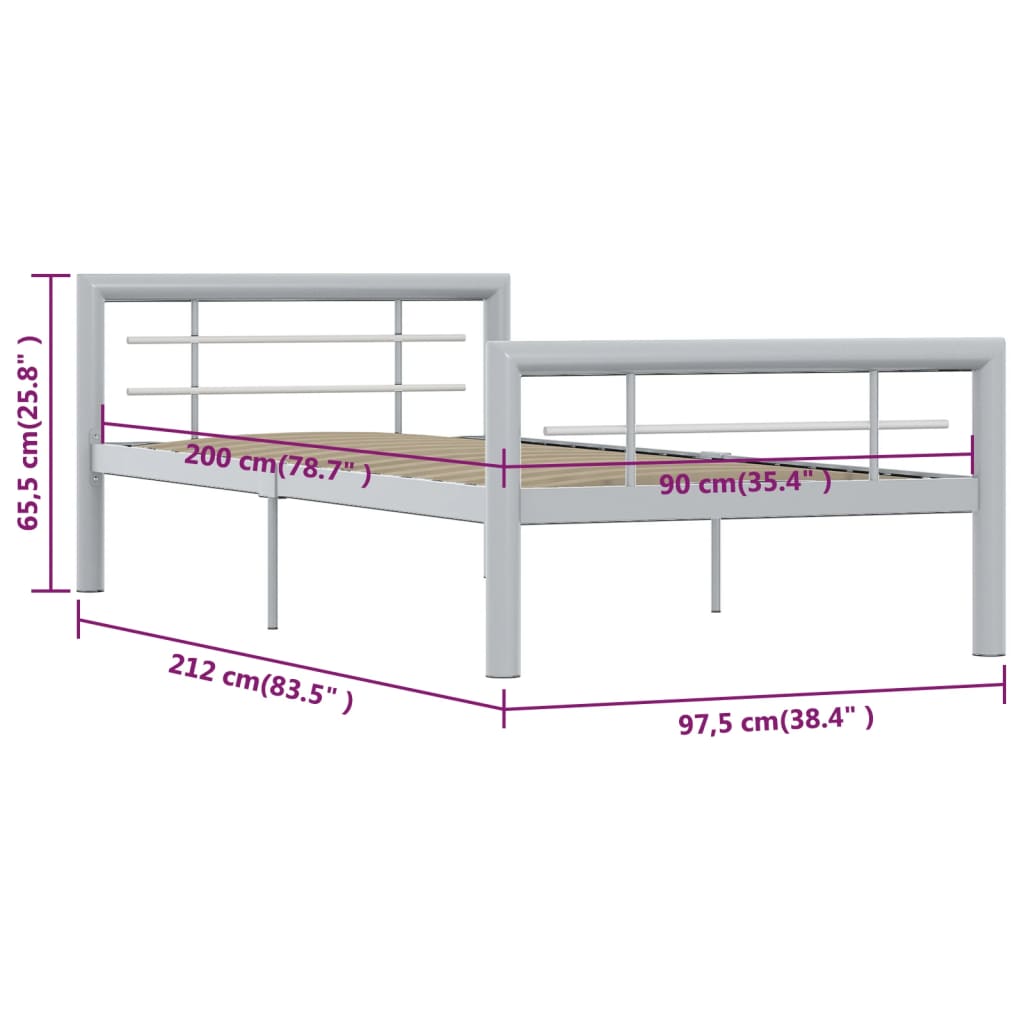 Estrutura de cama 90x200 cm metal cinzento e branco