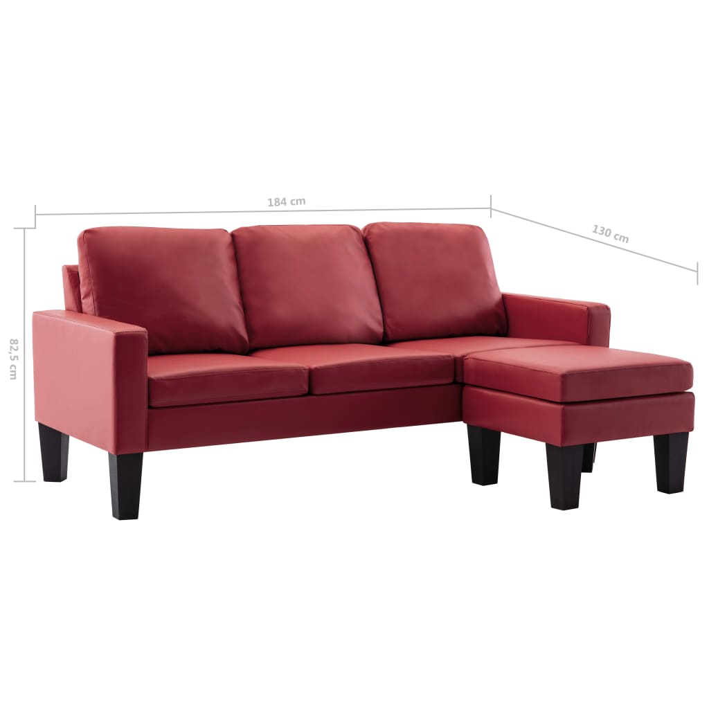 Sofá de 3 lugares c/ apoio pés couro artificial vermelho tinto