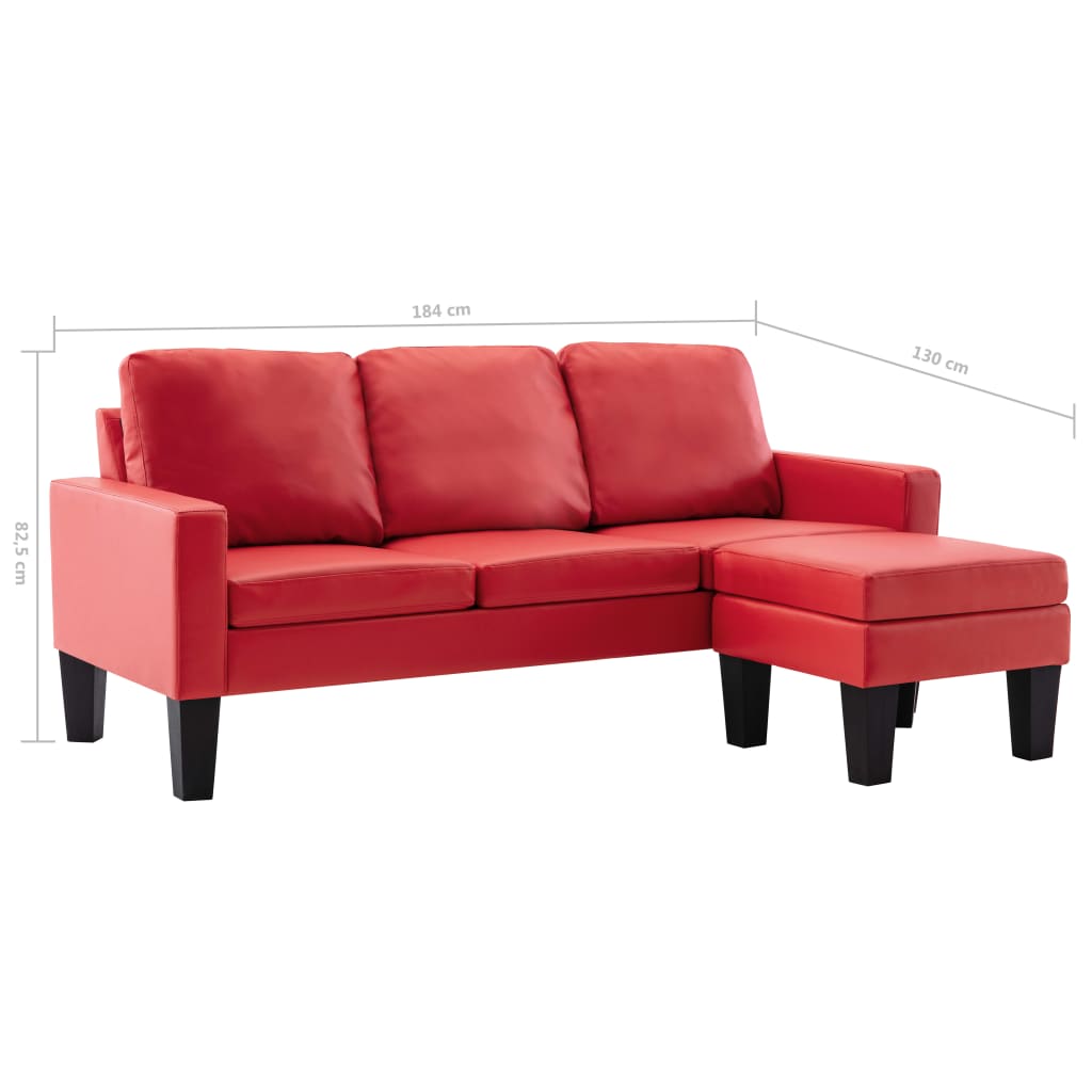 Sofá de 3 lugares c/ apoio de pés couro artificial vermelho