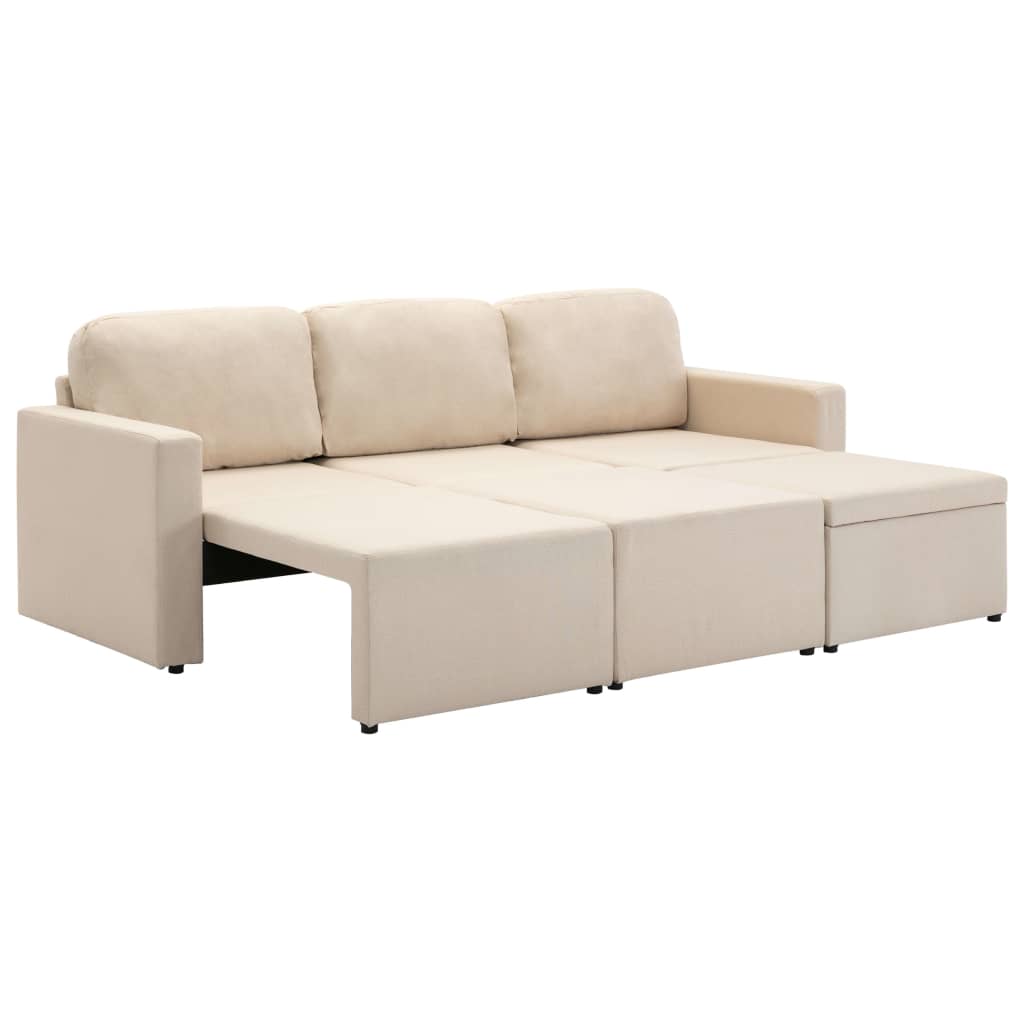 Sofá-cama modular de 3 lugares tecido creme