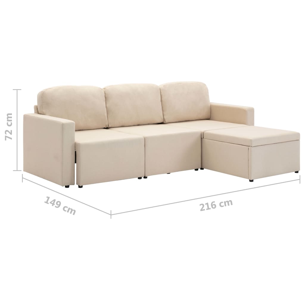 Sofá-cama modular de 3 lugares tecido creme