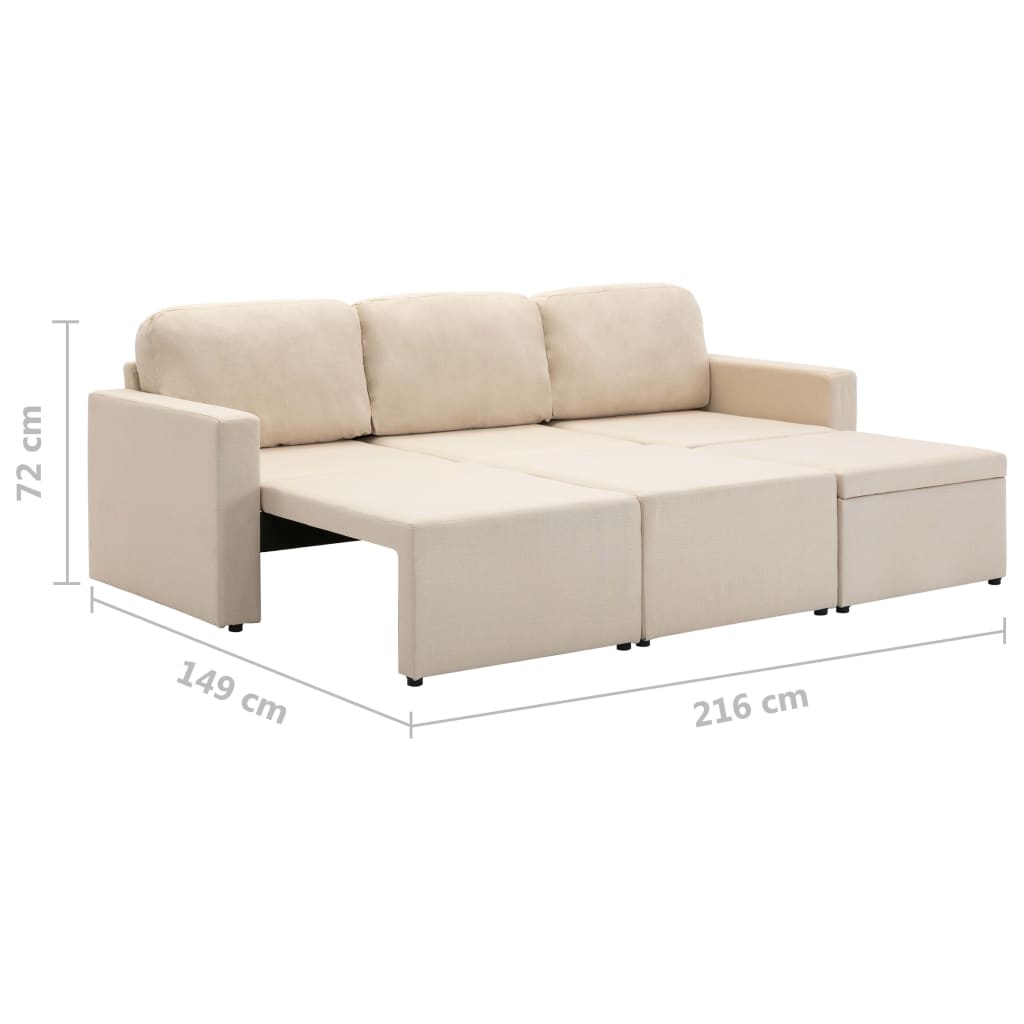 Sofá-cama modular de 3 lugares tecido creme