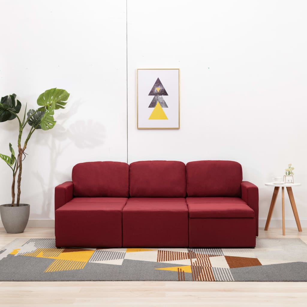 Sofá-cama modular de 3 lugares tecido vermelho tinto