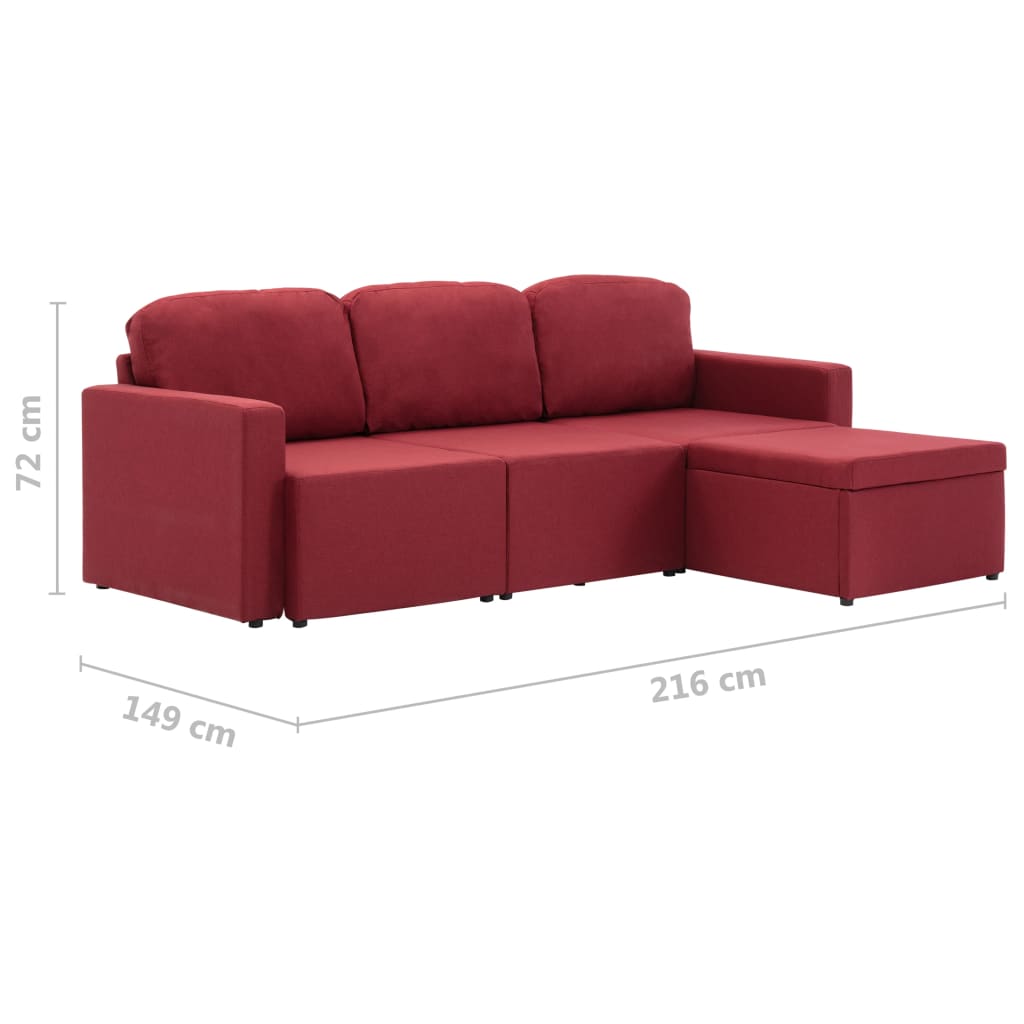 Sofá-cama modular de 3 lugares tecido vermelho tinto