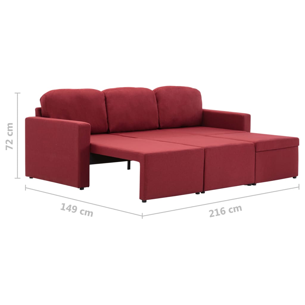 Sofá-cama modular de 3 lugares tecido vermelho tinto
