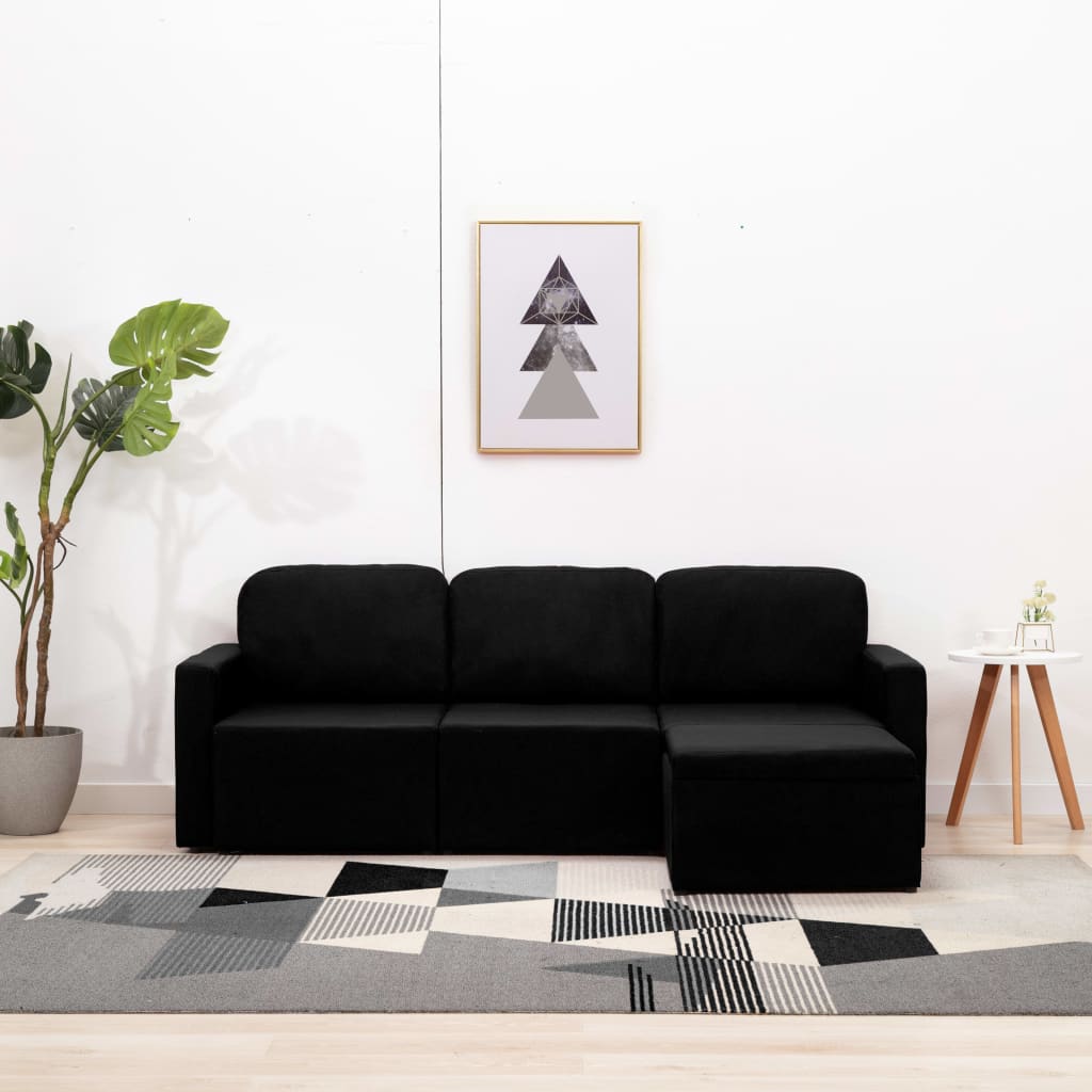 Sofá-cama modular de 3 lugares tecido preto