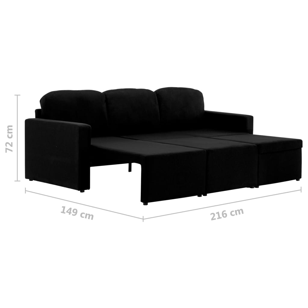 Sofá-cama modular de 3 lugares tecido preto