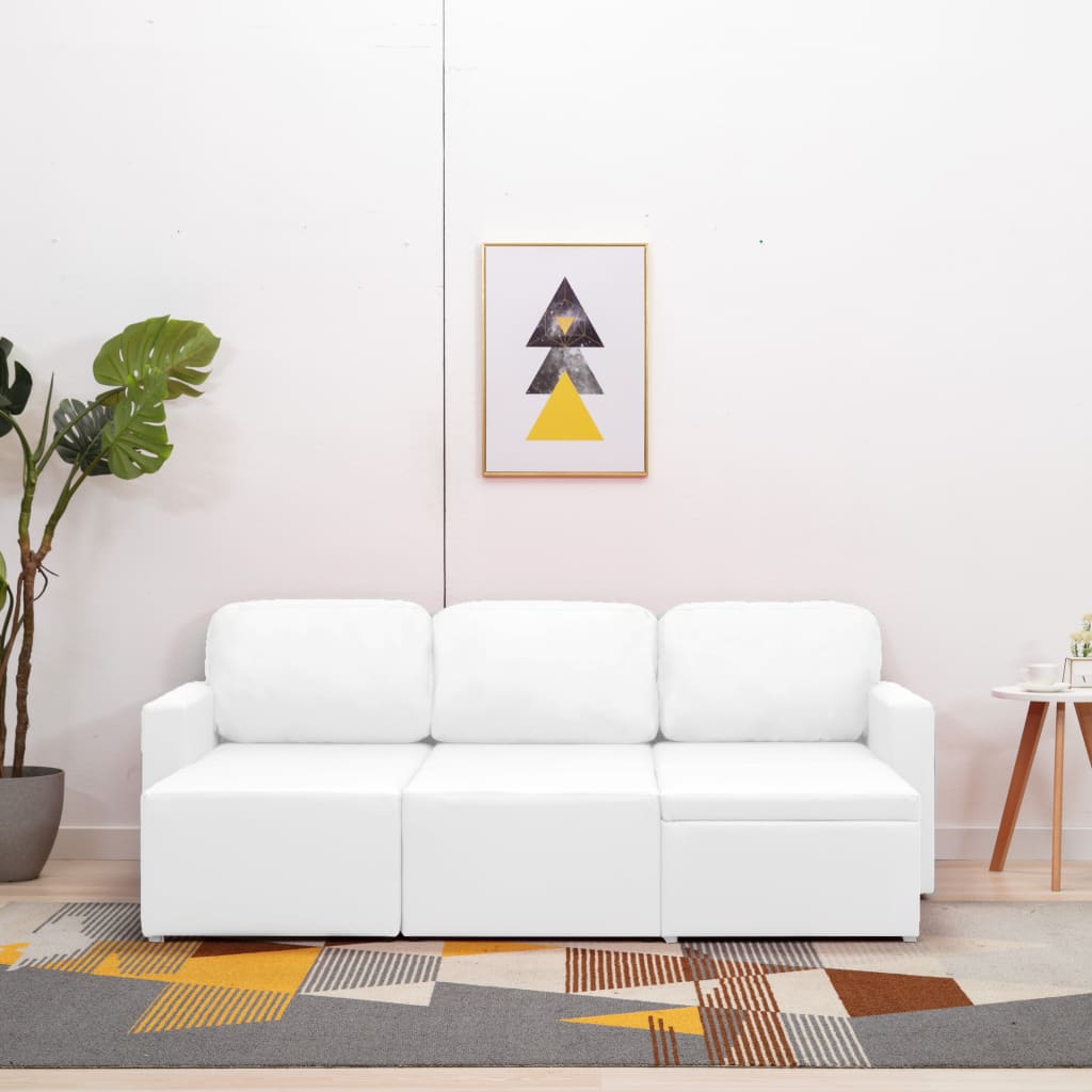 Sofá-cama modular de 3 lugares couro artificial branco