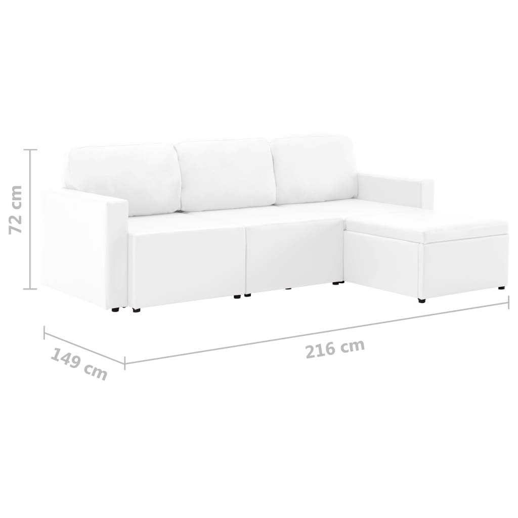 Sofá-cama modular de 3 lugares couro artificial branco