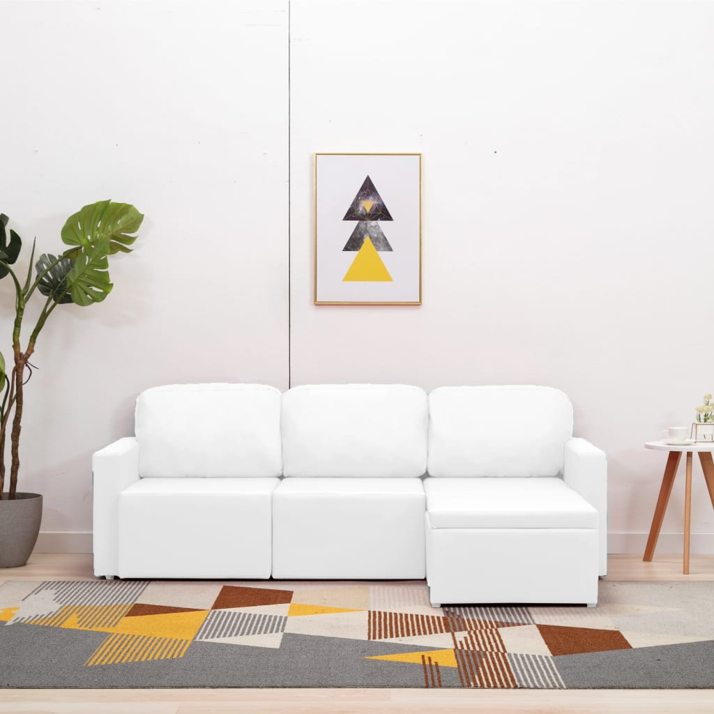 Sofá-cama modular de 3 lugares couro artificial branco