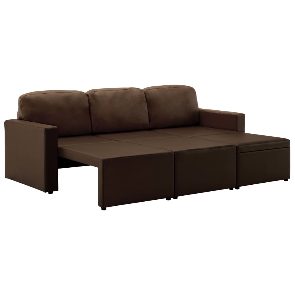 Sofá-cama modular de 3 lugares couro artificial castanho