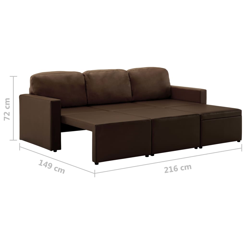 Sofá-cama modular de 3 lugares couro artificial castanho
