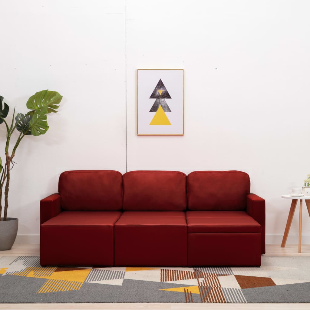 Sofá-cama modular de 3 lugares couro artificial vermelho tinto