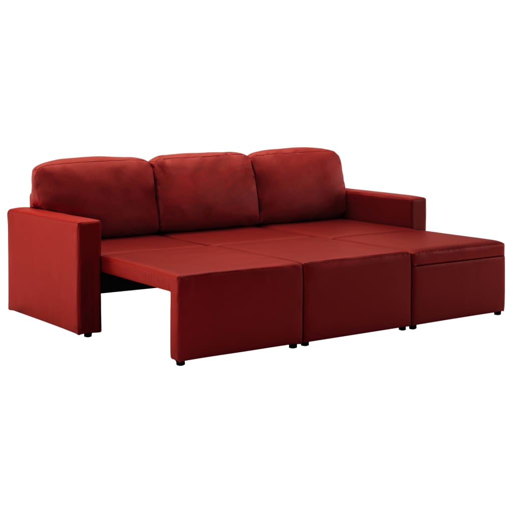 Sofá-cama modular de 3 lugares couro artificial vermelho tinto