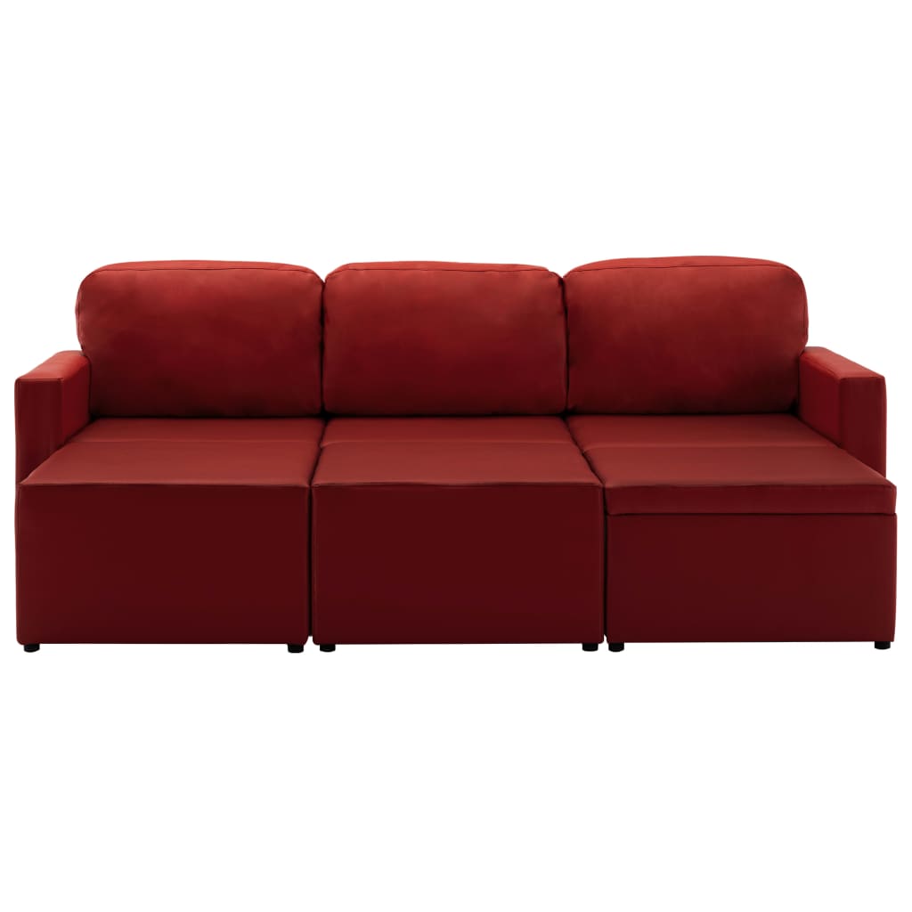 Sofá-cama modular de 3 lugares couro artificial vermelho tinto