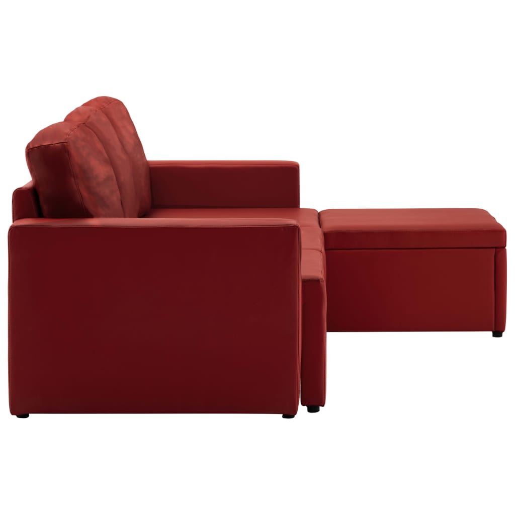 Sofá-cama modular de 3 lugares couro artificial vermelho tinto