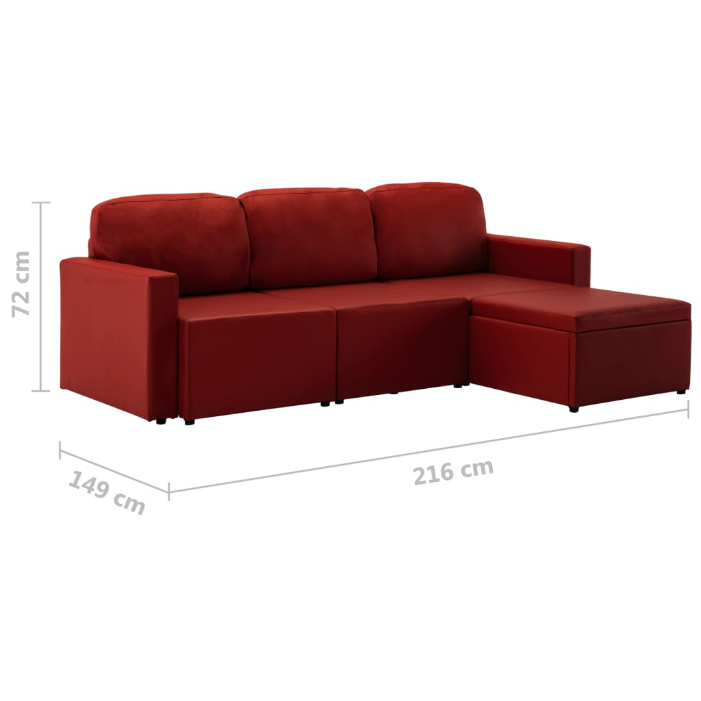Sofá-cama modular de 3 lugares couro artificial vermelho tinto