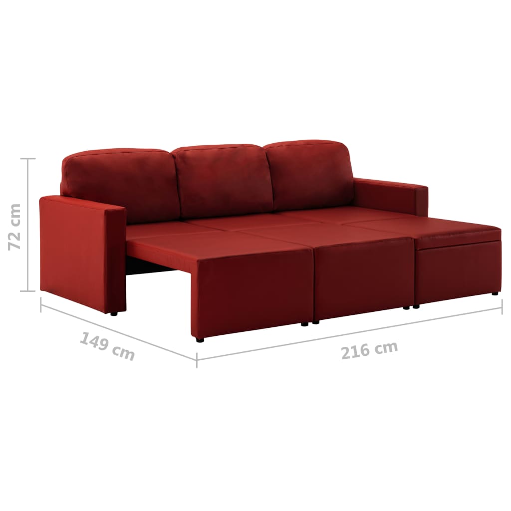 Sofá-cama modular de 3 lugares couro artificial vermelho tinto