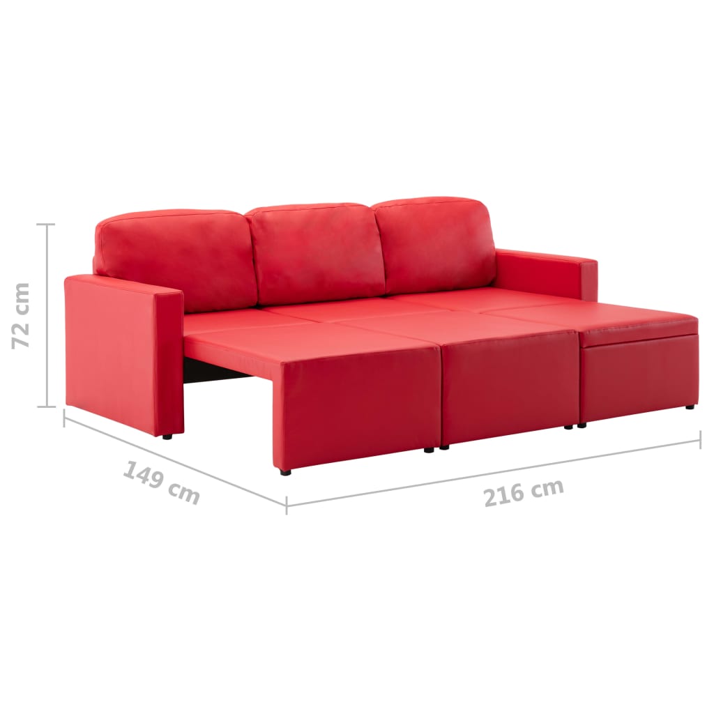 Sofá-cama modular de 3 lugares couro artificial vermelho