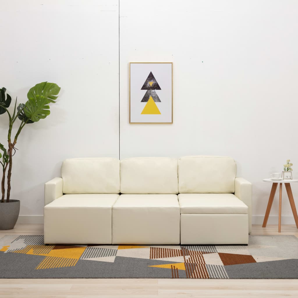 Sofá-cama modular de 3 lugares couro artificial cor creme