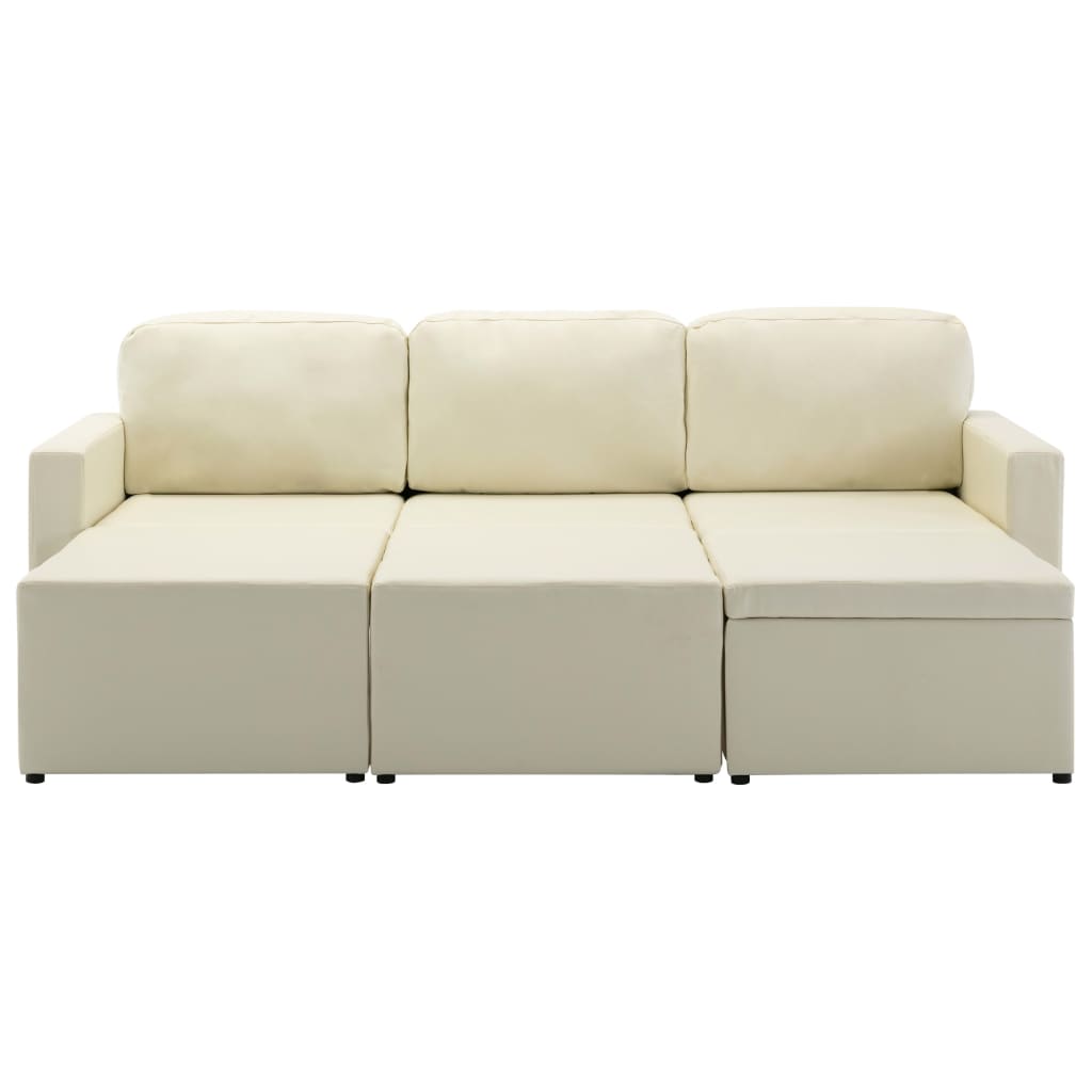Sofá-cama modular de 3 lugares couro artificial cor creme