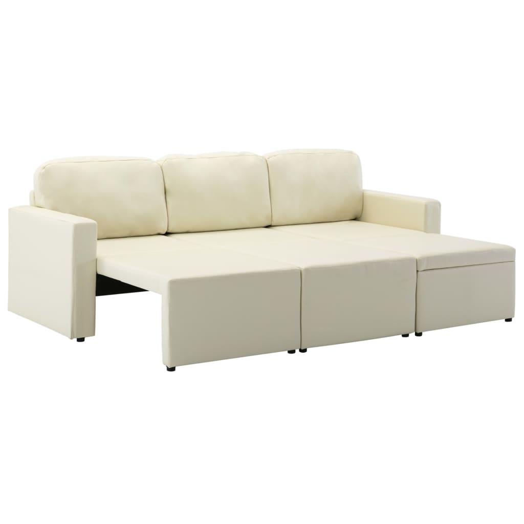 Sofá-cama modular de 3 lugares couro artificial cor creme