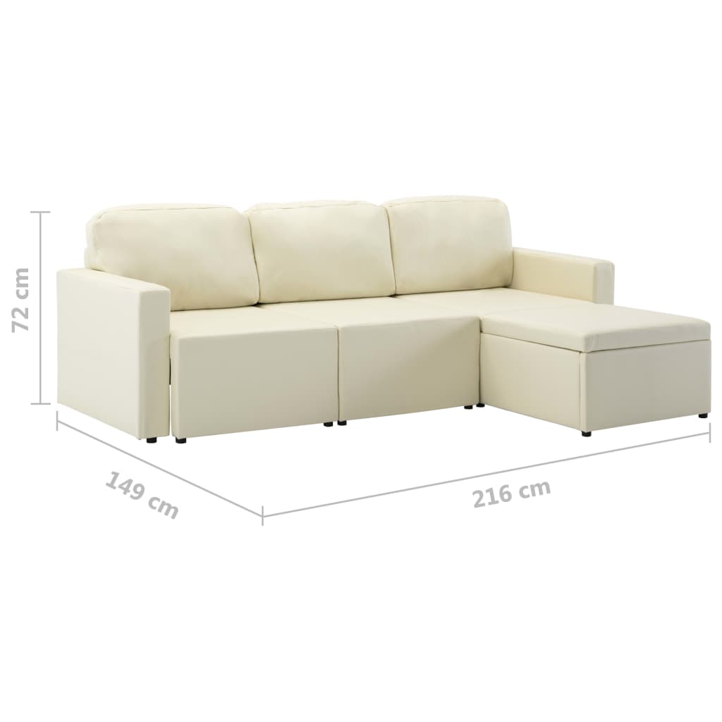 Sofá-cama modular de 3 lugares couro artificial cor creme