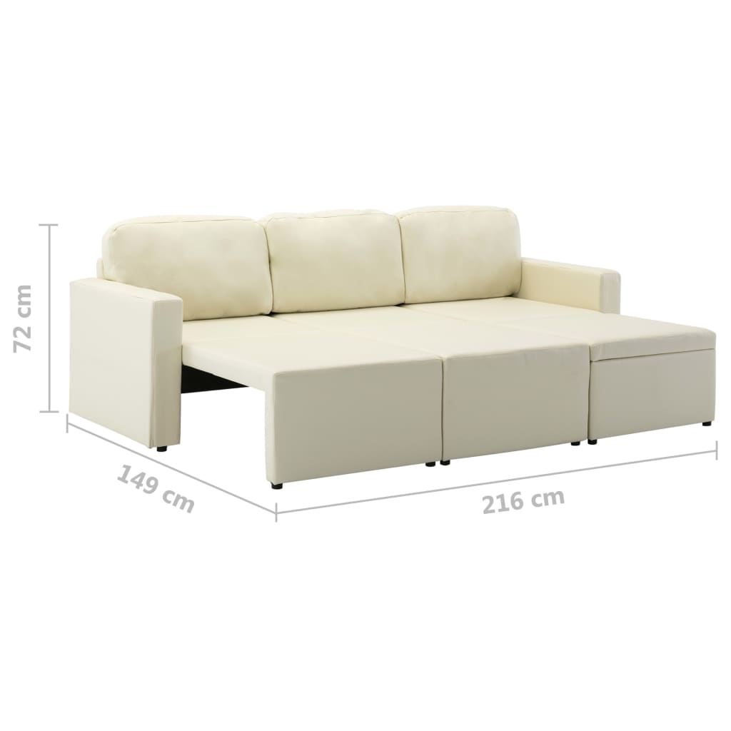 Sofá-cama modular de 3 lugares couro artificial cor creme