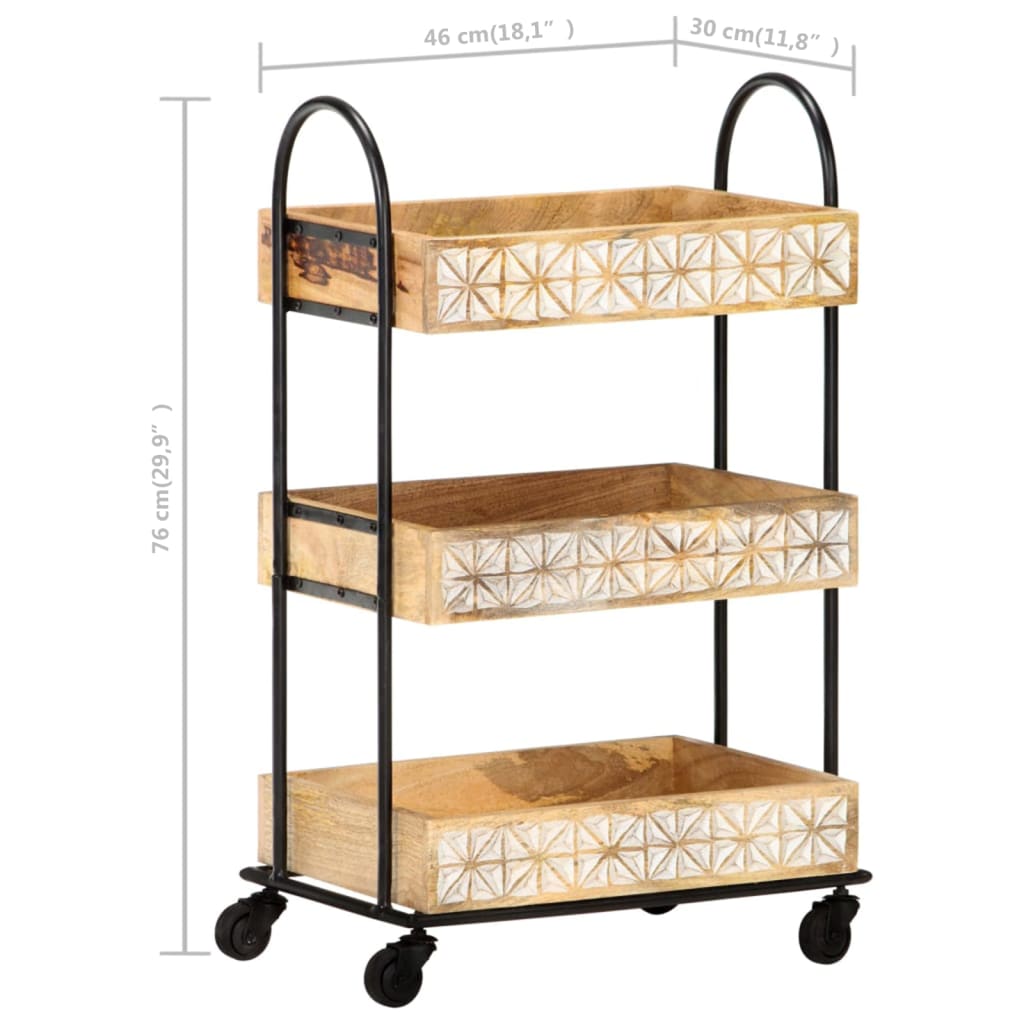Carrinho de cozinha 3 prateleiras 46x30x76 cm mangueira maciça