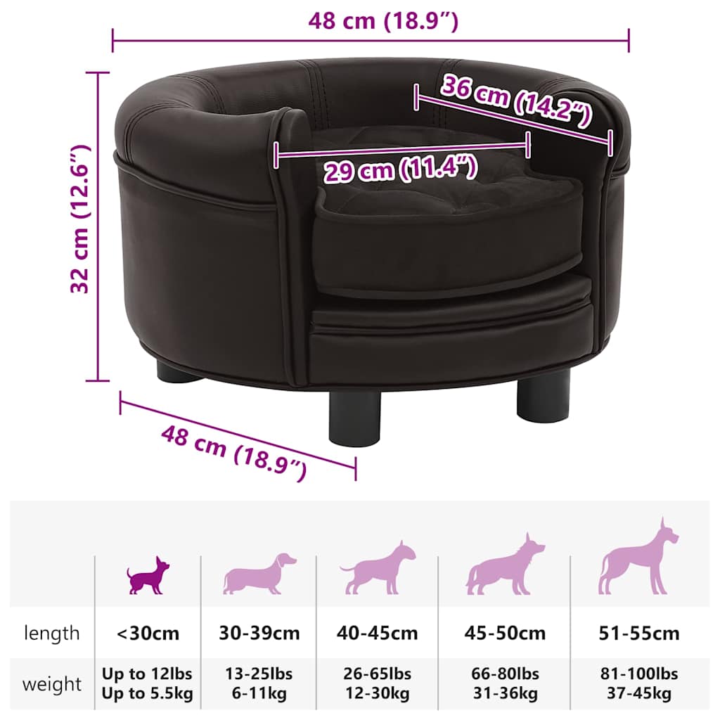 Sofá para cães 48x48x32 cm pelúcia e couro artificial castanho