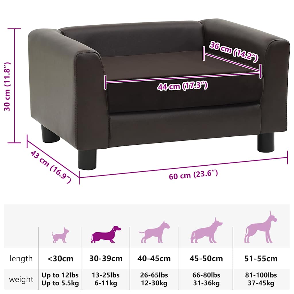 Sofá para cães 60x43x30 cm pelúcia e couro artificial castanho