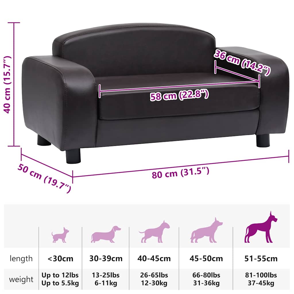 Sofá para cães 80x50x40 cm couro artificial castanho
