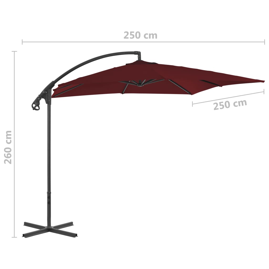 Guarda-sol de jardim cantilever c/ poste de aço vermelho tinto