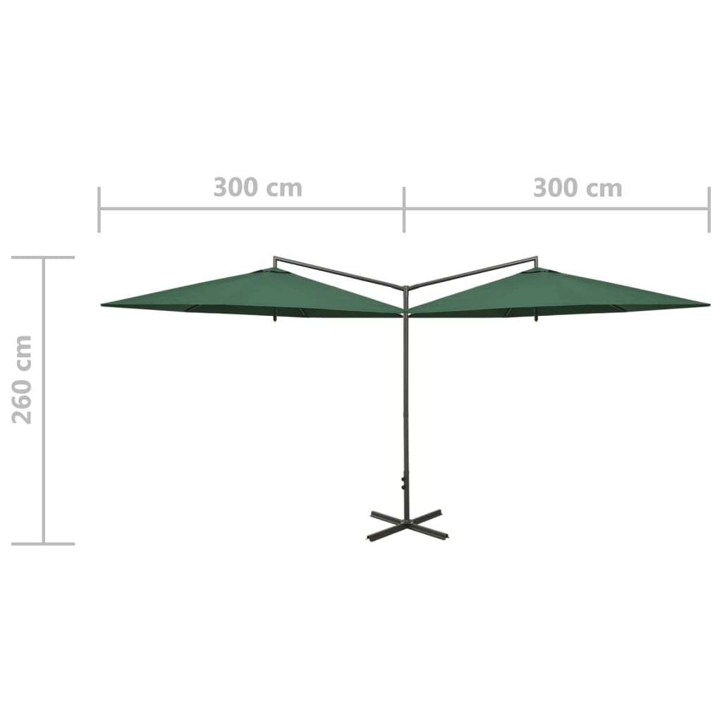 Guarda-sol de jardim duplo com poste de aço 600 cm verde