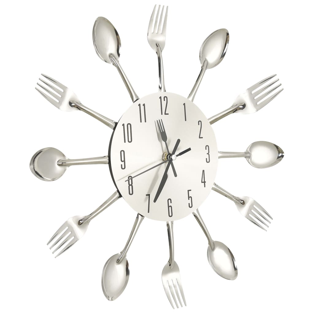 Relógio de parede design colher e garfo 31 cm alumínio prateado