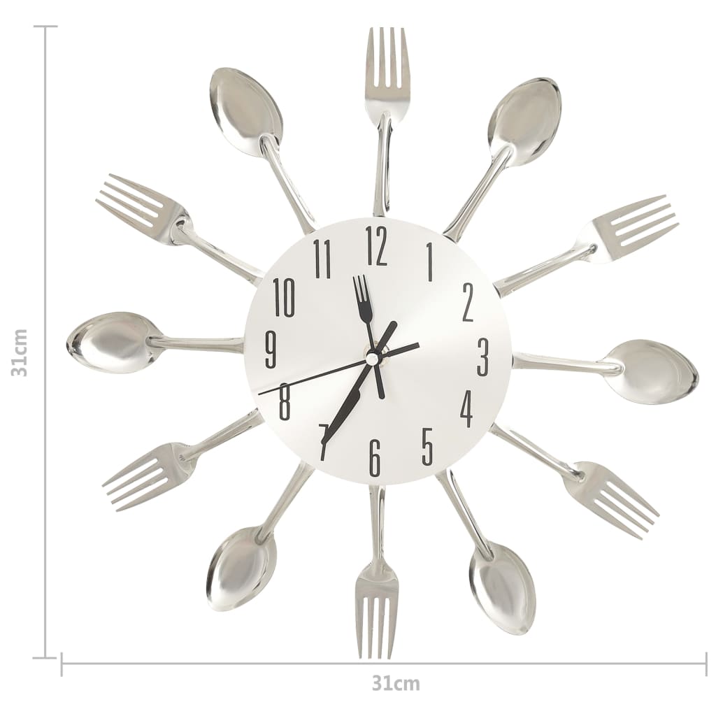 Relógio de parede design colher e garfo 31 cm alumínio prateado