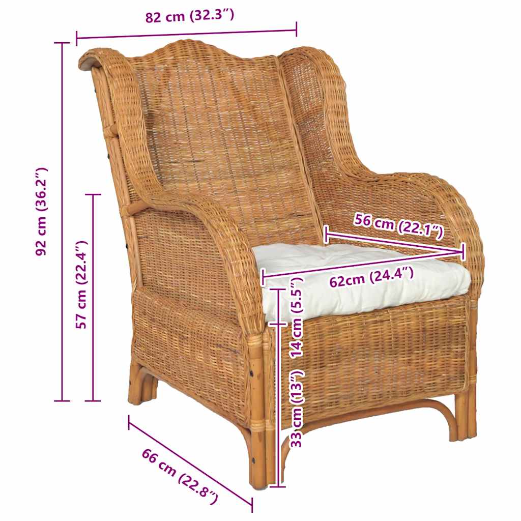 Sofá com almofadão vime natural e linho castanho-claro