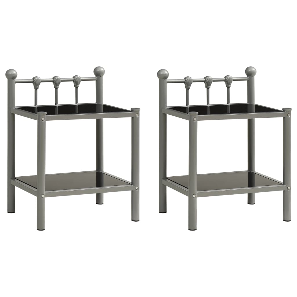 Mesas de cabeceira 2 pcs metal cinzento e vidro preto