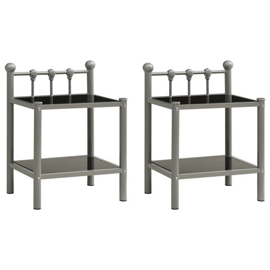 Mesas de cabeceira 2 pcs metal cinzento e vidro preto